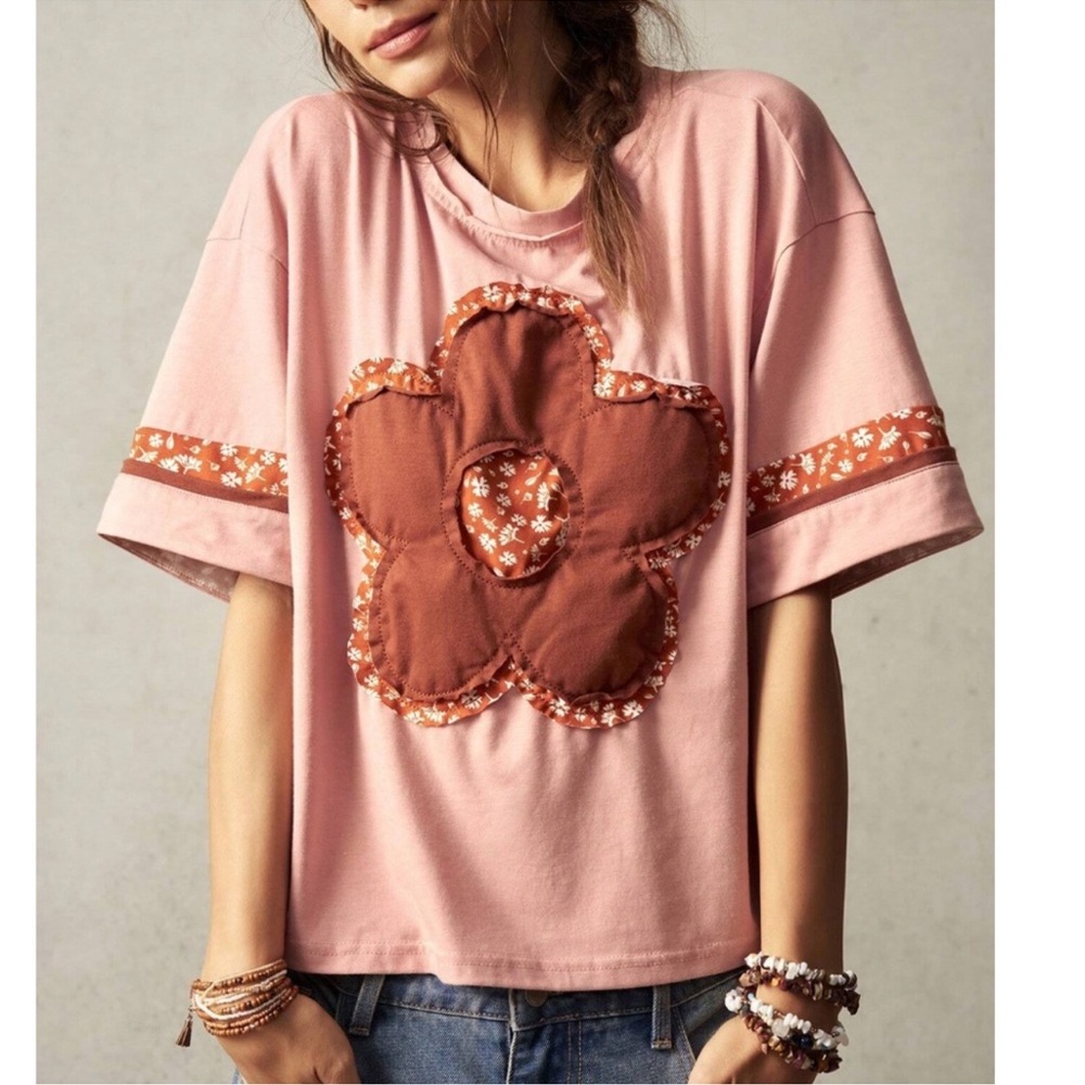 Boho Floral Print Patch Oversized Short Sleeve Top S M L XL